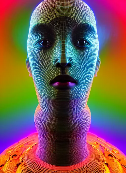 Image similar to highly detailed surreal vfx portrait of a 3 d head made of speaker stacks. 🔈 polyphonic pulse projections, liquid light, metallic, galactic, crystalline edges, elegant, centered hyperrealistic, octane render, inspired by james jean, okuda sam miguel, android jones, beeple, rhads nvidia raytracing demo, 8 k