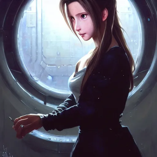 Prompt: Beautiful stunning portrait of Aerith Gainsborough by Greg Rutkowski. Aerith is hiding from a Shinra robot in the Reactor Core by Mark Arian. The Reactor Core is dark and stark and industrial by H.R. Giger. soft render, octane, intricate painting by Moebius. artstation Blank Canvas Scene by Tetsuya Nomura.