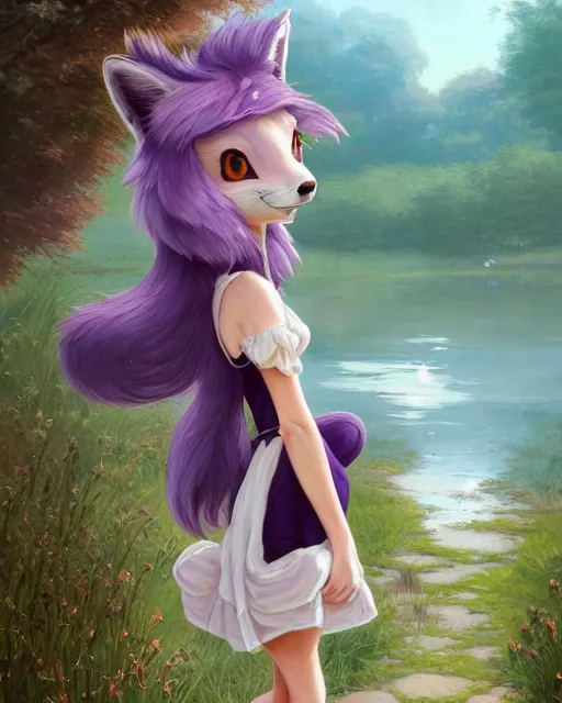 Image similar to an anthropomorphic fox girl with purple hair wearing a simple sundress, this fox has a pronounced snout and two pointed black ears, beautiful lake background, illustration by greg rutkowski, thomas kindkade, loish, artstation, furaffinity, deviantart