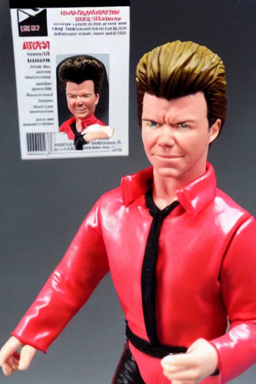 Image similar to rick astley as a 1 9 8 0 s wrestling action figure, explosion background