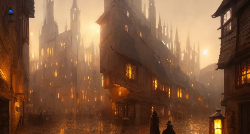 Image similar to A digital concept art painting of a medieval european town in a strange alternate dimension, full of candle-lit windows floating in air, hooded figures, golden hour, by Greg Rutkowski, trending on Artstation