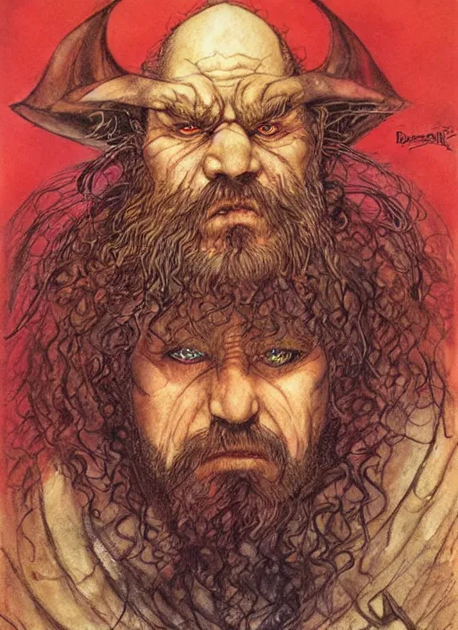 Image similar to portrait of dwarf sorcerer, beautiful! coherent! dungeons and dragons character, by brian froud, larry elmore, gerald brom, ralph horsley strong line, deep color, chainmail, short red hair, high contrast