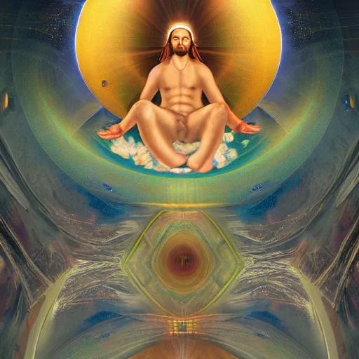 Prompt: god sitting in the center of the multi dimensional latent space conceptualizing our collectively designed divine imagination, 4 k surrealism