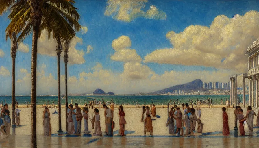 Image similar to a ultradetailed beautiful painting of the thunder sky of the rio de janeiro palace balustrade designed by jules bastien - lepage, tarsila do amaral, frank weston and gustave baumann, beach, trending on artstation, mediterranean, palm trees, sharp focus, giant greek columns, soft light, 8 k 4 k