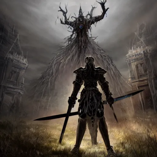 Image similar to Photo of a futile human approaching a giant sentinel king wielding a mythical blade in the abandoned ruins, terror, hysterical, horrifying, digital art, destruction, the void, ominous, crown, fear, very detailed, evil, trending on artstation, intricate details, high definition, 16k, Artstation, by John Wallin Libert, Dark Souls, Elden Ring