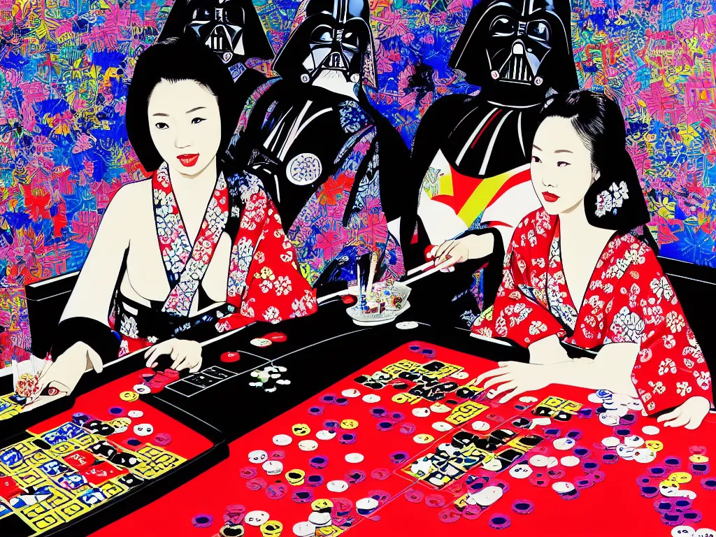 Image similar to hyperrealism composition of the detailed woman in a japanese kimono sitting at an extremely detailed poker table with darth vader, fireworks on the background, pop - art style, jacky tsai style, andy warhol style, acrylic on canvas