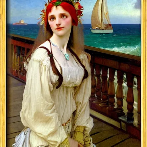 Image similar to A jester girl behind the beach castle balustrade, sail boat on the background, major arcana clothes, by paul delaroche, alphonse mucha and arnold böcklin arnold böcklin hyperrealistic 8k, very detailed