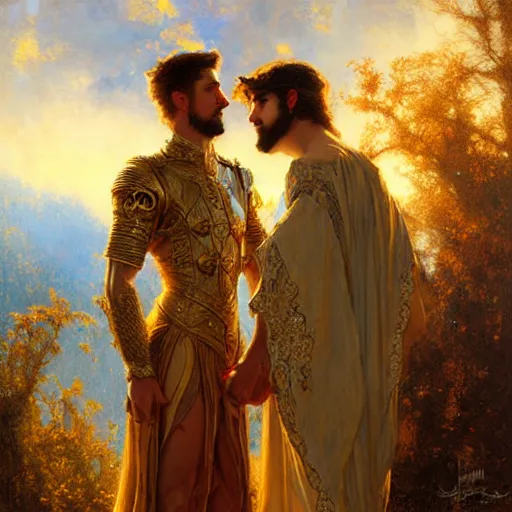 Image similar to attractive fully clothed king confesses his love for his attractive fully clothed male prince. highly detailed painting by gaston bussiere, craig mullins, tom bagshaw,