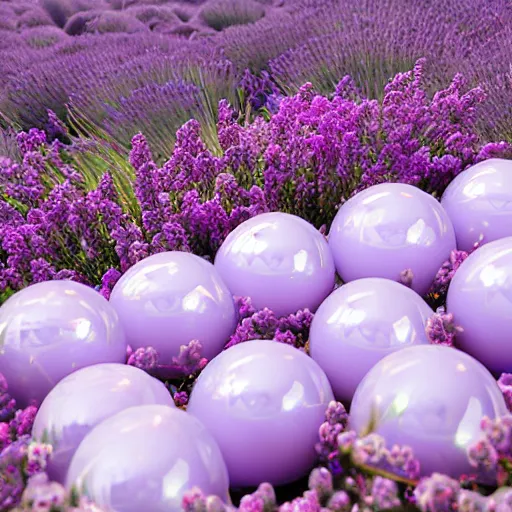 Prompt: 5 translucent luminous spheres, full of floral and berry fillings, in an ocean of lavender color