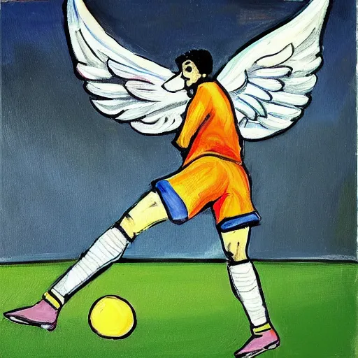 Image similar to goal keeper flying to catch a soccer ball with wings, rennasainse painting