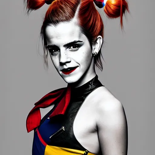 Prompt: Portrait of Emma Watson as Harley Quinn, by Martin Schoeller