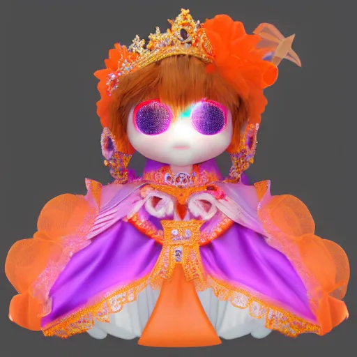 Image similar to cute fumo plush of a elaborately dressed princess in orange and purple regalia, crown, outline glow lens flare, vray