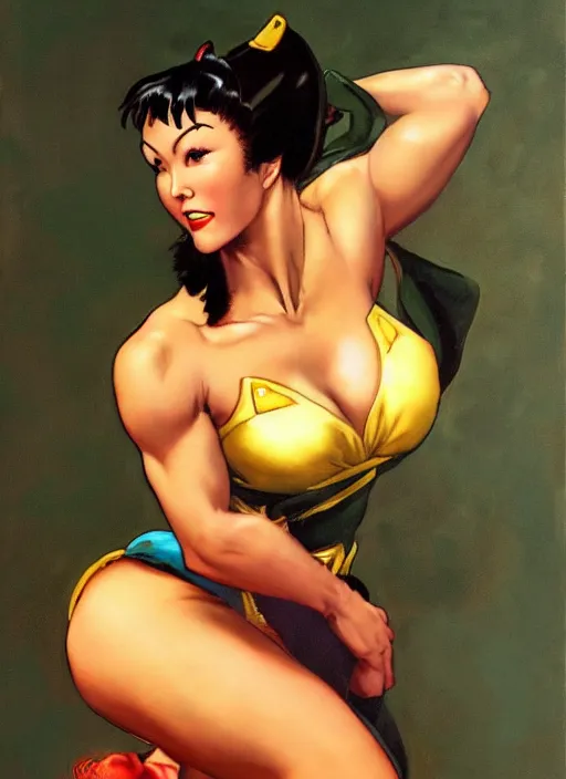 Image similar to oil painting of Chun Li by frank frazetta alluring pin up deviant art