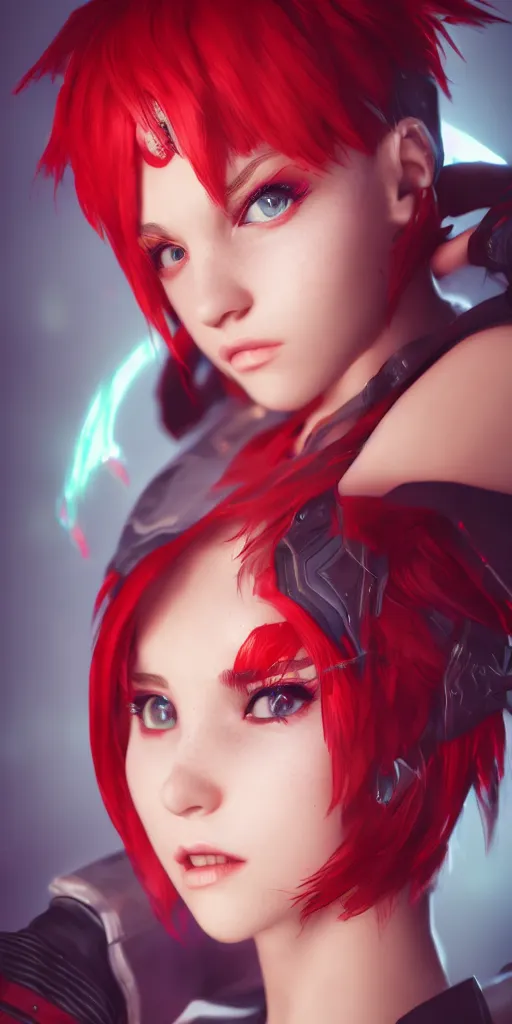 Image similar to a girl with short red hair, cool, vi from arcane, league of legends, fighter, cool red jacket, tattoo, beautiful, 3 d, potrait, art staion, studio light, closeup shot, octane render, wlop, realistic, neon