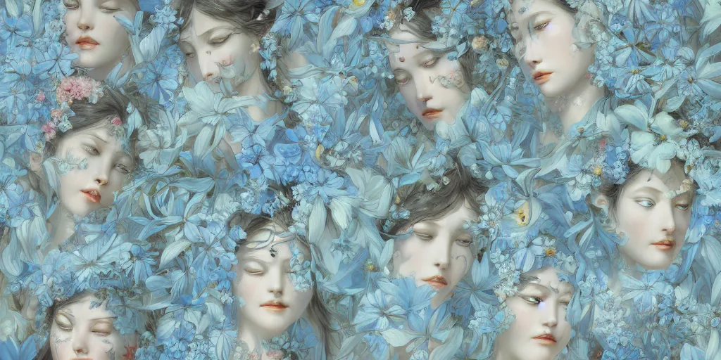 Image similar to breathtaking detailed concept art painting art deco pattern of faces goddesses amalmation light - blue flowers with anxious piercing eyes and blend of flowers and birds, by hsiao - ron cheng and john james audubon, bizarre compositions, exquisite detail, extremely moody lighting, 8 k