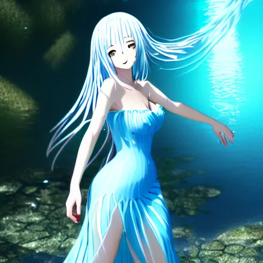 Image similar to a very beautiful anime girl wearing a dress made of water standing in a crystal lake , full body, long white hair with azure blue highlights blending into the dress , azure blue watery eyes, full round face, seductive over the shoulder glances , lens flare, cinematic lighting, medium shot, mid-shot, highly realistically detailed, trending on artstation, Unreal Engine 4k, Stanley Artgerm Lau, WLOP, Rossdraws, James Jean, Andrei Riabovitchev, Marc Simonetti, and Sakimichan