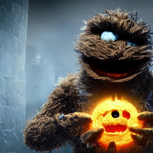 Image similar to portrait of cookie monster as a dark souls boss, 8 k