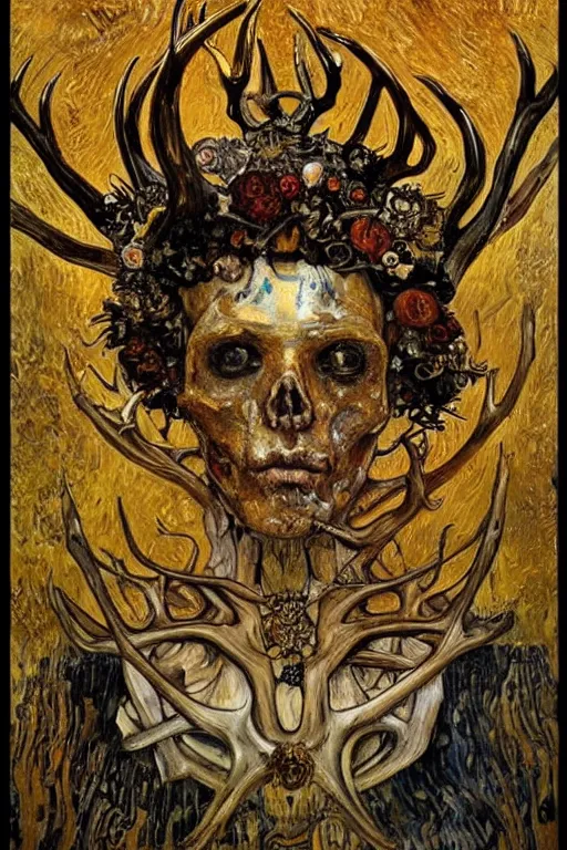 Prompt: The Crown of Bones by Karol Bak, Jean Deville, Gustav Klimt, and Vincent Van Gogh, mystic eye, otherworldly, crown made of bones, antlers, horns, ornate jeweled crown, skull, fractal structures, arcane, inferno, inscribed runes, infernal relics, ornate gilded medieval icon, third eye, spirals, rich deep moody colors