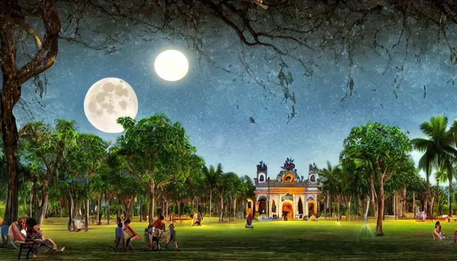 Image similar to a city park in Merida Yucatan Mexico with Ceiba trees and a full moon. fantasy illustration