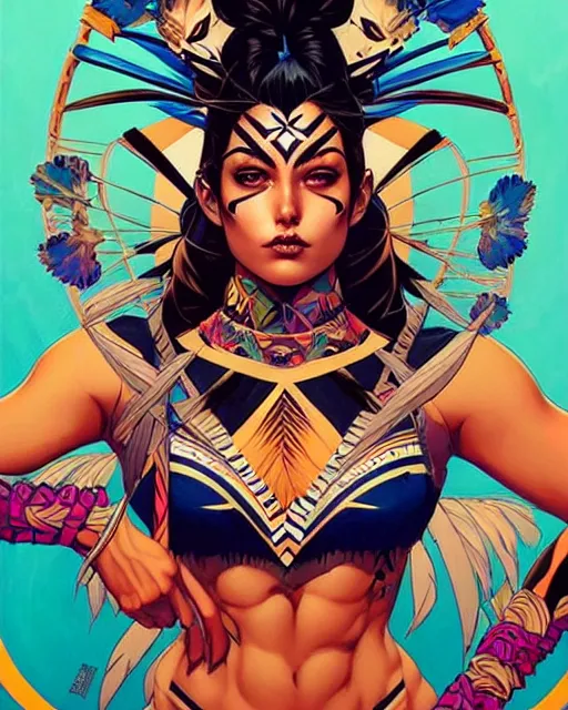 Image similar to artgerm, joshua middleton and sandra chevrier comic cover art, pretty full body danza azteca dancer, symmetrical eyes, scales, beautiful, rim lighting, vivid colors