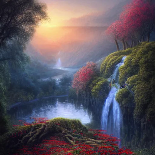 Image similar to an elegant fairy queen in a red lace dress sitting and looking out at a lord of the rings scenery landscape, vast lush valley flowers and giant mushroom structures, river, sunrise, god's rays highly detailed, vivid colour, soft clouds, floral sunset, cinematic lighting, perfect composition, 8 k, gustave dore, derek zabrocki, greg rutkowski, belsinski