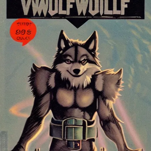 Image similar to 1 9 8 0 s video game art of anthropomorphic wolf o'donnell from starfox fursona furry wolf in a dark space mercenary uniform, looking heroic, magazine scan, 8 0 s game box art, dark grey wolf o'donnell