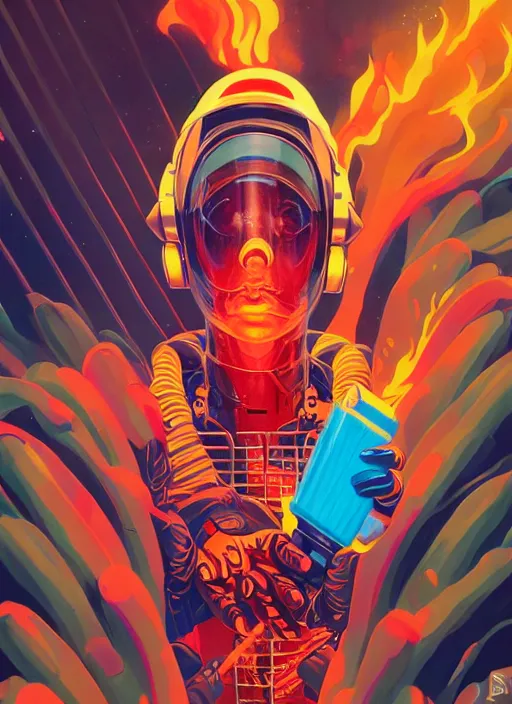 Image similar to burning police officer in sci fi prison, tristan eaton, victo ngai, artgerm, rhads, ross draws