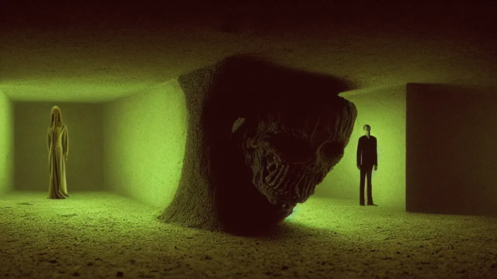 Image similar to the strange creature in the crawlspace, film still from the movie directed by denis villeneuve and david cronenberg with art direction by salvador dali and zdzisław beksinski, wide lens