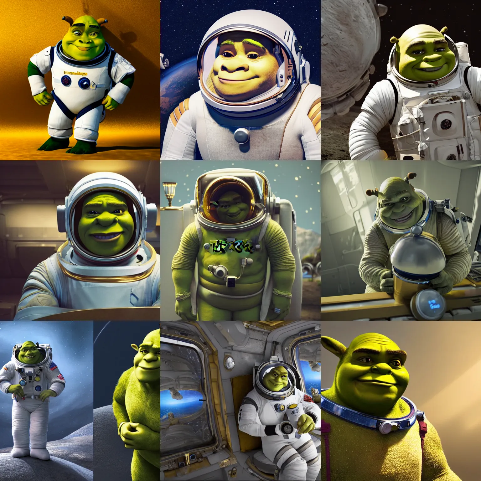 Prompt: concept art of shrek in astronaut suit with gold linens, drafting in space, cinematic lighting, dramatic, octane render, photo real, long lens, 8k, hyper detailed