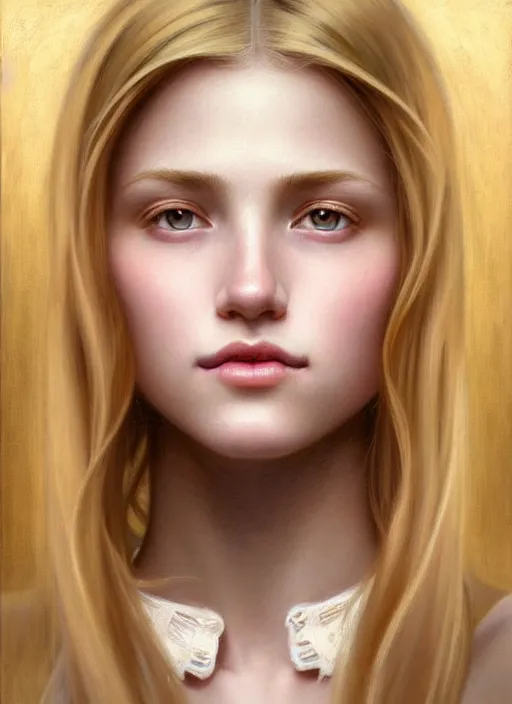 Prompt: beautiful symmetrical face, portrait of young woman blessed with ever - increasing physical and mental perfection, realism, blonde hair, perfect face!! intricate, elegant, highly detailed, vision of holy perfection!! smile, digital painting, artstation, concept art, smooth, sharp focus, illustration, humanity, art by artgerm and greg rutkowski and alphonse mucha