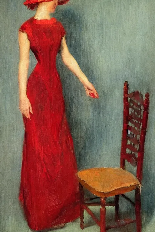 Prompt: a red dress folded over a chair. in the victorian era. in the style of american impressionism painting. triadic color scheme