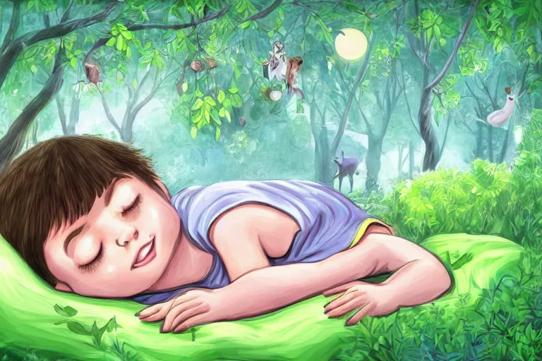 Prompt: a beautiful illustration of a little cute boy on his bed dreaming about a beautiful green forest with cute animals, detailed face, beautiful colors, digital art