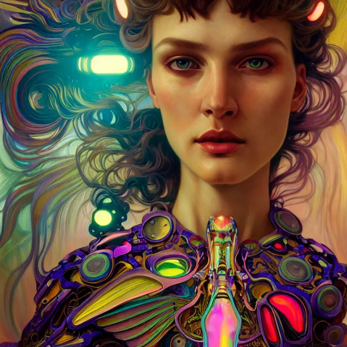 Image similar to bright psychedelic portrait of shiny organic cyborg, wings, diffuse lighting, fantasy, intricate, elegant, highly detailed, lifelike, photorealistic, digital painting, artstation, illustration, concept art, smooth, sharp focus, art by John Collier and Albert Aublet and Krenz Cushart and Artem Demura and Alphonse Mucha