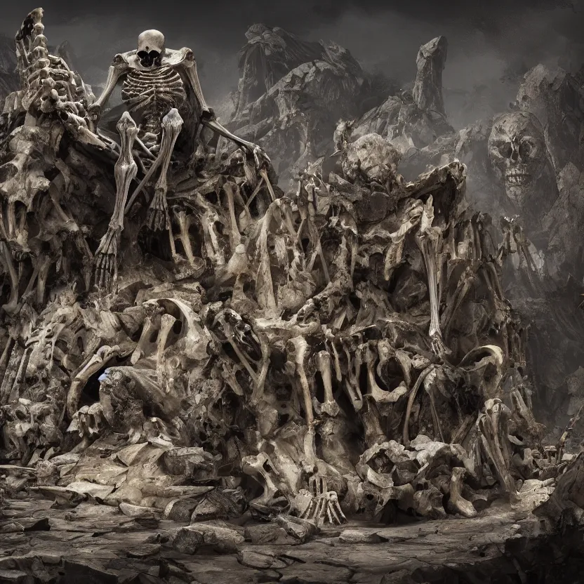 Prompt: a skeleton sitting on a throne in a mountain of bones, highly detailed, high quality, 8K, cinematic lighting, trending on Artstation, concept art, DeviantArt