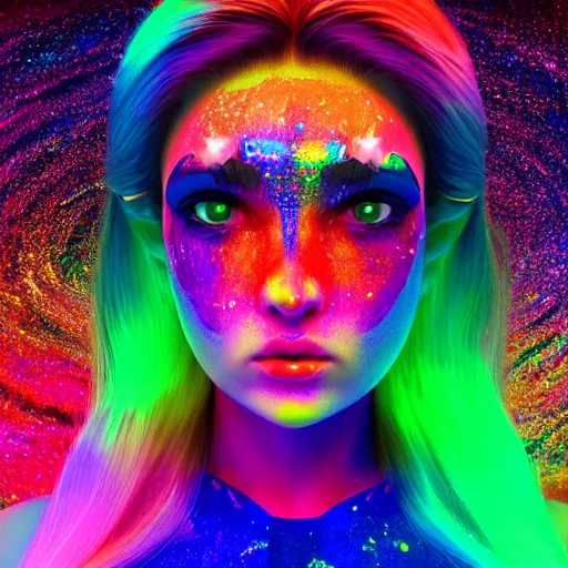 Prompt: A head and shoulders portrait of a Prismatic Spectrum Cosmic Magical Girl from the Rainbow Sky Paradise, full round face, teary eyes, slight smirk, tomorrowland, medium shot, lit by flashing pixel light, fully covered in colorful paint, ambient occlusion, 3D render, glowing neon, unreal engine 5