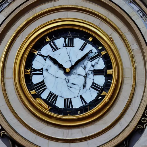 Prompt: Giant marble and gold clock face with a marble human face in the center and rigid gold wings on its sides.