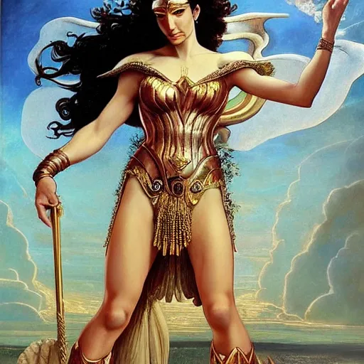 Image similar to Full body oil painting of the beautiful goddess Gal Gadot as hera, she is wearing roman clothes and a surreal jewelry, her hair is natural disheveled, she is approaching heaven over the clouds, naturalism, dramatic lighting, high-detailed oil painting by Ilya Repin, Michelangelo da Caravaggio, William Blake, Alex Grey and Beksinski, trending on Artsation, hystorical painting, naturalism, masterpiece, 4k, 8k,