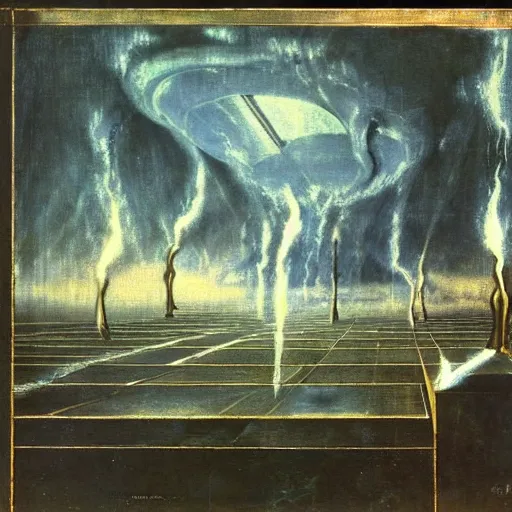 Image similar to I saw Satan fall like lightning from heaven. El Greco, Remedios Varo, Salvador Dali, Carl Gustav Carus, John Atkinson Grimshaw. Blue tint. Symetrical, logo, geometric shapes.