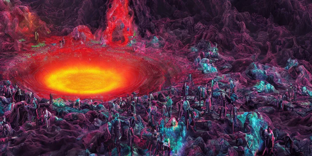 Prompt: death metal concert inside an active volcano, intricate complexity, horror, rainbow drip paint, psychedelic glitch art, trending on art station, photoreal, 8k, octane render