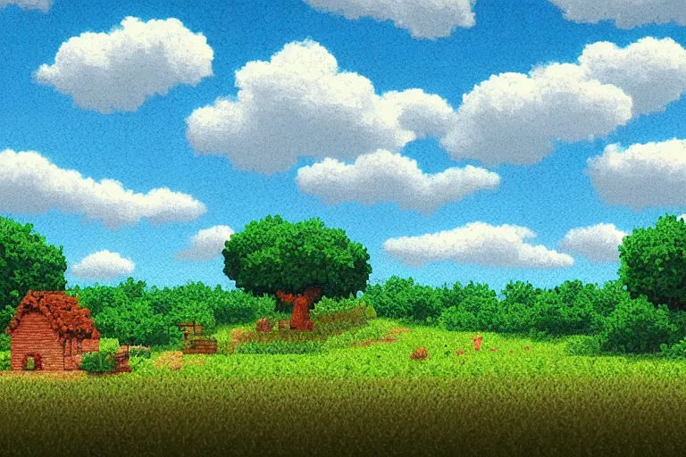 Image similar to landscape, summer, morning, beautiful cloud, quiet, no people, illustration, sharp focus, intricate, super wide angle, trending on artstation, trending on deviantart, pixelart, pixelperfect, pixel art, pixel, color limit, nearest neighbor, hard edges, art of Kirokaze pixel, art of Regular FHC, art of Pixel Jeff Franek, art of Aaron Hain, art of kryssalian