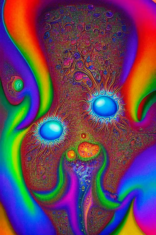 Image similar to hyperrealistic abstract close-up Renaissance psychedelic!! celestial happy! pure creature!! peaceful! kind spirit of nature! beautiful fractal!! eyes! highly detailed concept art eric zener elson peter cinematic hard rainbow lighting high angle hd 8k sharp shallow depth of field endless, inspired by Zdzisław Beksiński Salvador Dali