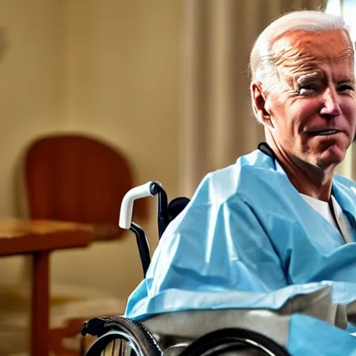 Image similar to a professional atmospheric film like 35mm photograph of Joe Biden wearing a garish hospital gown is drooling with late stage Dementia in a wheelchair at a disgusting run-down senior citizen rest home, there is full bedpan next to him