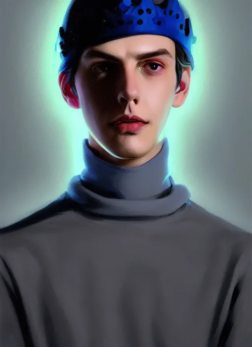 Prompt: portrait of teenage jughead jones wearing a light grey crown, crown, blue turtleneck, closed eyes, photorealistic, black hair, glowing lighting, intricate, elegant, glowing lights, highly detailed, digital painting, artstation, concept art, smooth, sharp focus, illustration, art by wlop, mars ravelo and greg rutkowski