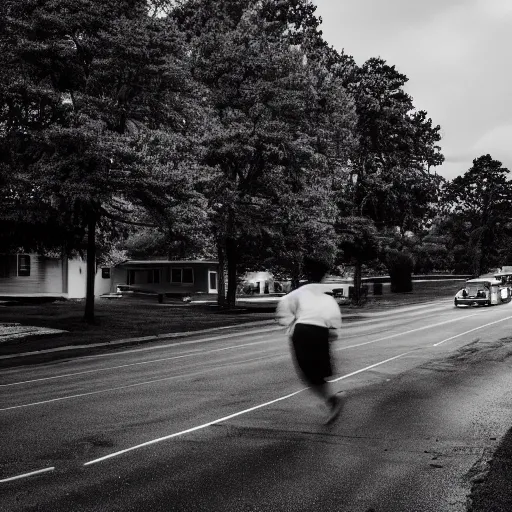 Image similar to nursing home clients running down the street find a car and start to drive. shallow depth of field. very dark and stormy