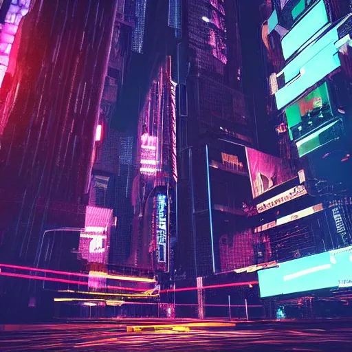 Image similar to sanatic cyberpunk world neon lighting high buildings cloudy sky cinematic lighting