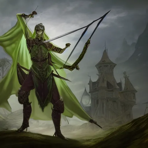 Prompt: full shot of green human-sized Mantis religiosa as a D&D mage wearing white cape; 6 legs; standing on hill with magic wand in one hand; big medival army in the background, archery, horses, catapults, swordmans; fantasy drawing; illustration; Artstation; 8k; wallpapers; heavy contrast; cinematic art; cgsociety; art by Greg Rutkowski and Thomas Kinkade