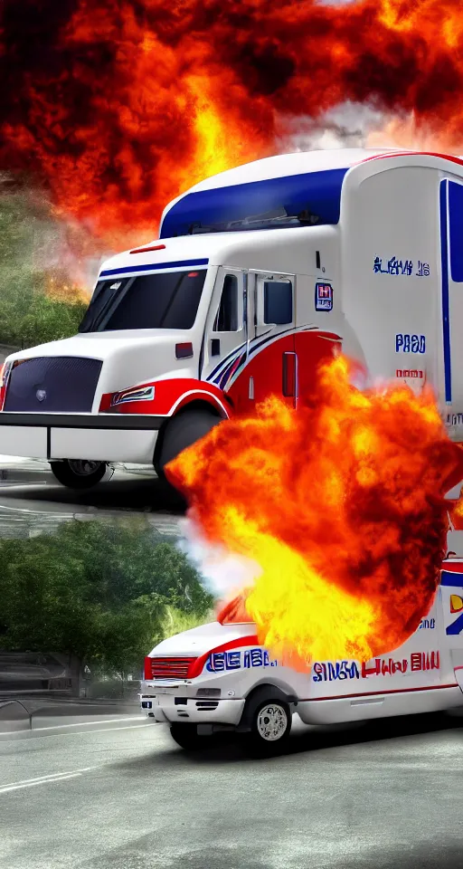 Prompt: high quality anime-style image of a USPS LLV on fire, 4k, digital art, wallpaper