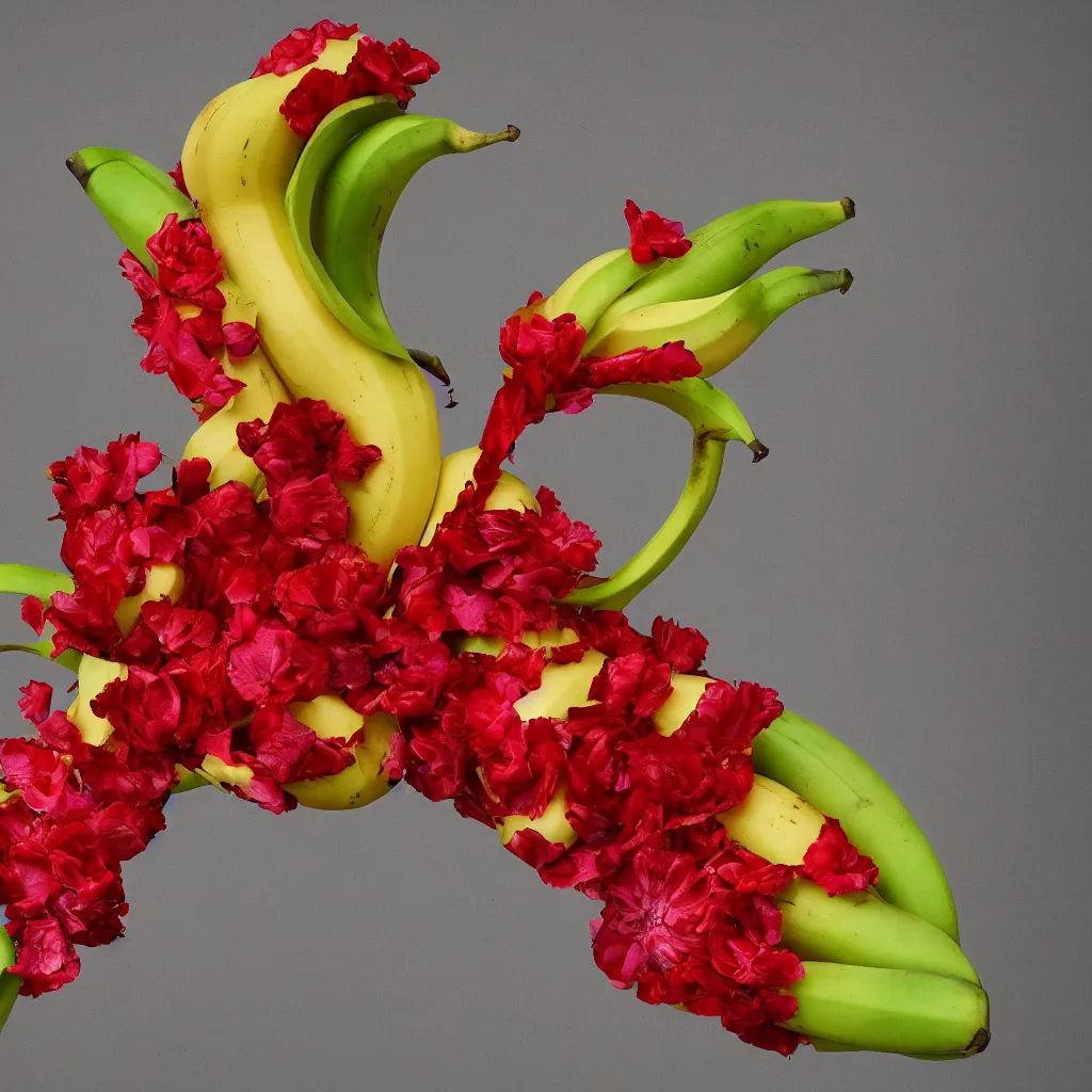 Prompt: high fashion haute couture scaled bananas, and form a complex fractal vegetable foliage, with red petals and shiny stems, mesh roots, hyper real, food photography, high quality