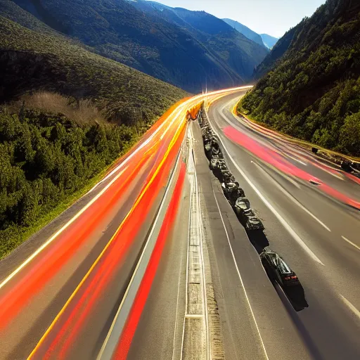 Prompt: traffic jam on a mountain highway, high resolution photograph, extreme dramatic lighting