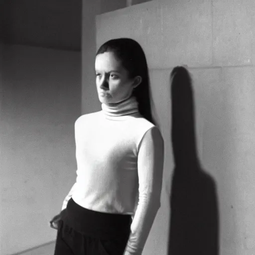 Image similar to black and white photo of a young woman wearing a turtleneck standing inside a brutalist building, 1976